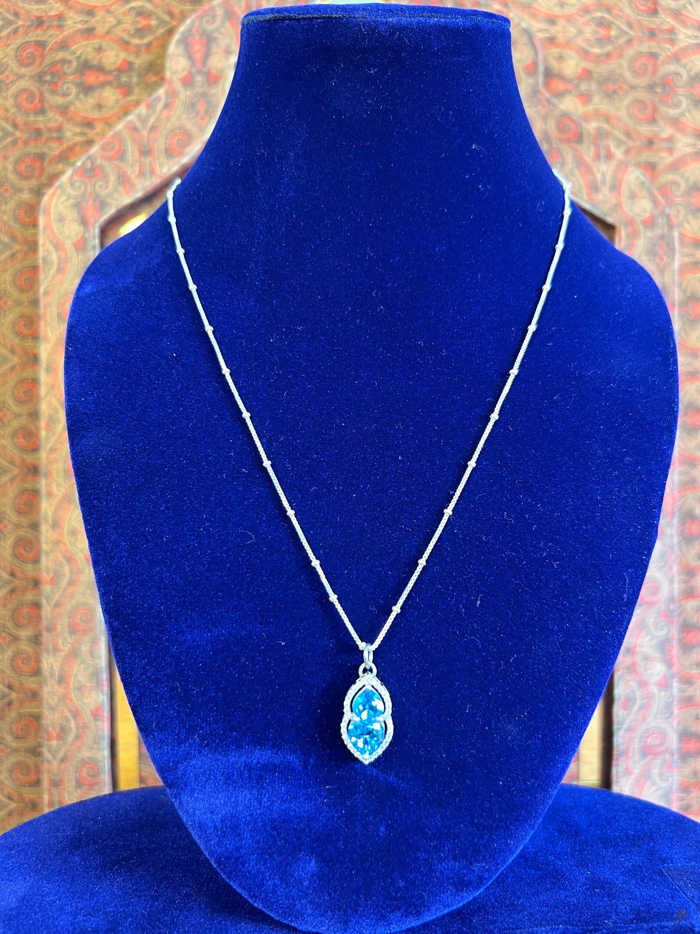 Womens Blue Topaz Heart Pendant 925 Sterling Silver Necklace on a Box Ball Silver Chain Basket Prong framed with Moissanites