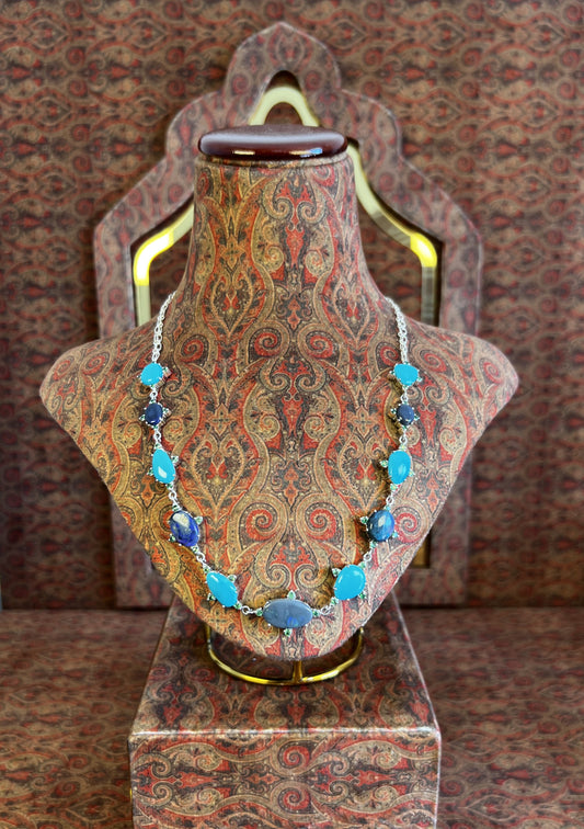 Womens Necklace with Australian Black Opals, American Sleeping Beauty Turquoise and Kenyan Green Garnets on a 925 Sterling Silver Chain
