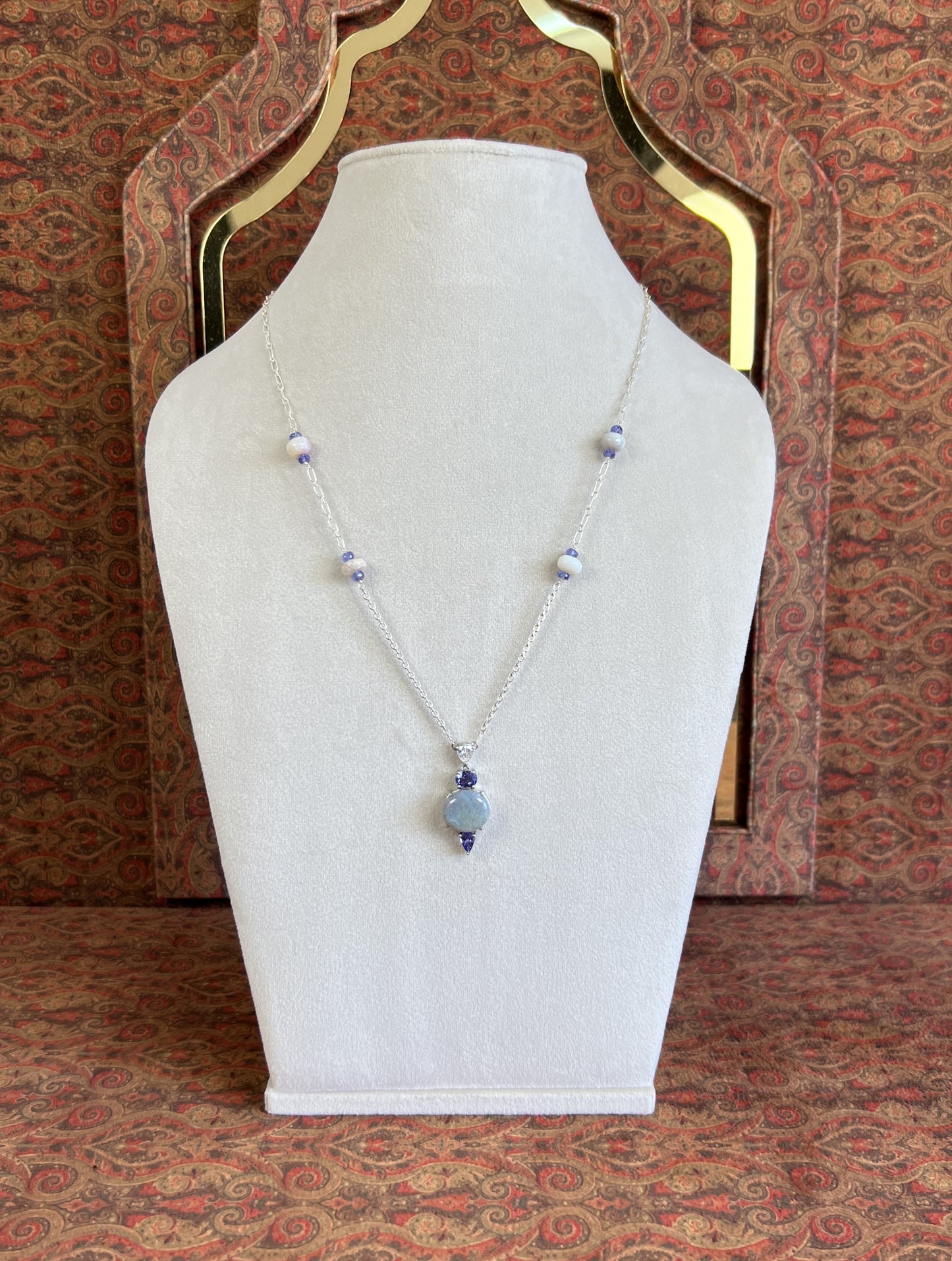 Women's Opal and White Sapphire Pendant Necklace on 925 Sterling Sliver with Purple Tanzinites