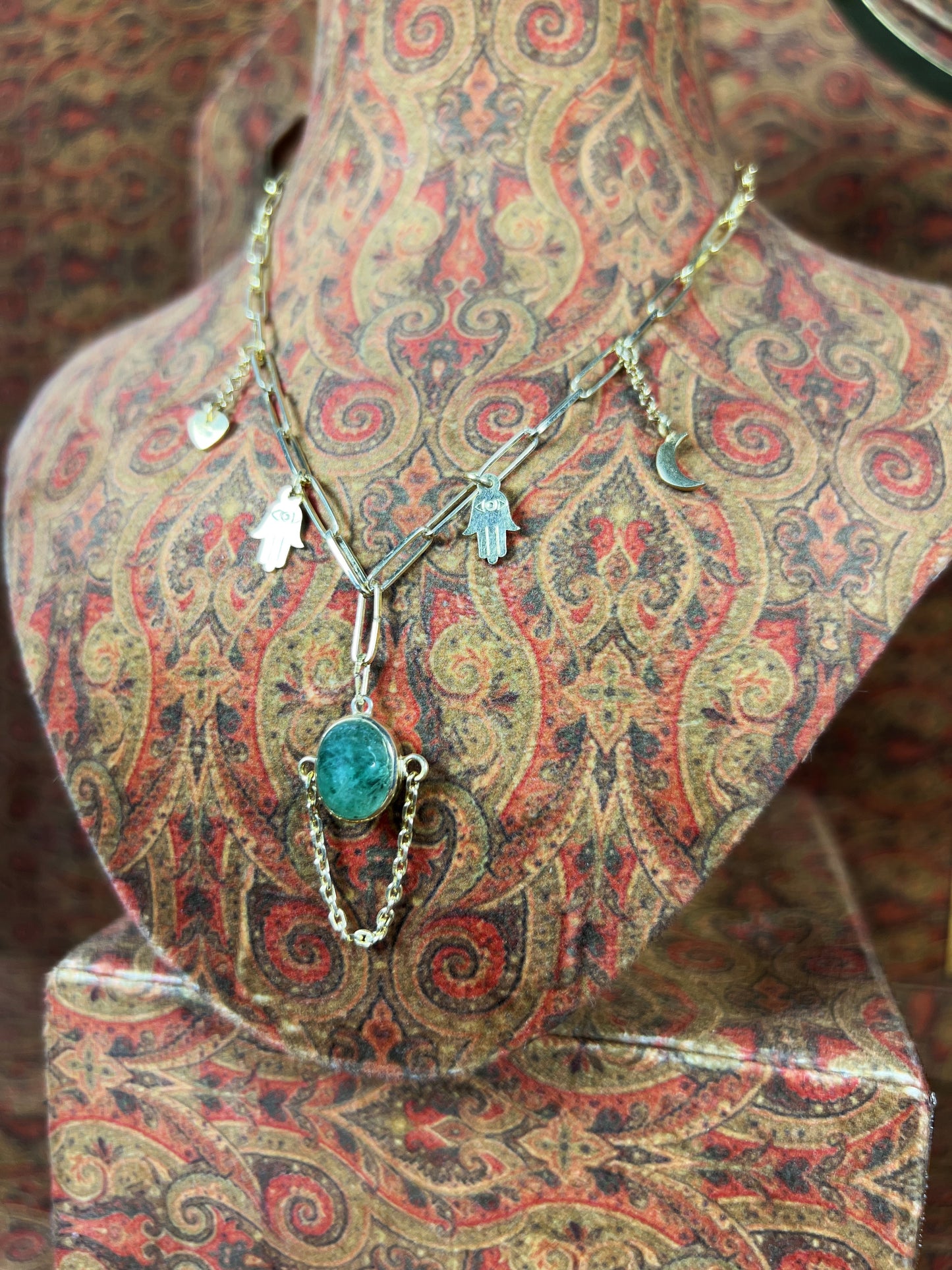 Womens Emerald Pendant Necklace on Gold Plated 925 Sterling Silver with Heart, Half Moon and Evil Eye Charms