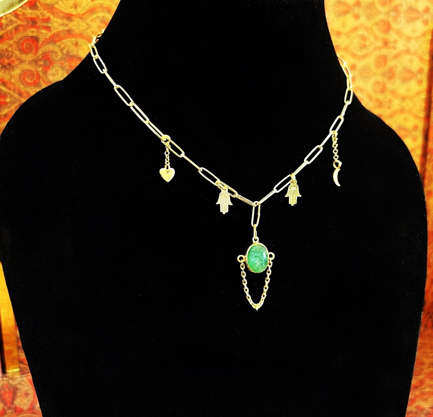 Womens Emerald Pendant Necklace on Gold Plated 925 Sterling Silver with Heart, Half Moon and Evil Eye Charms