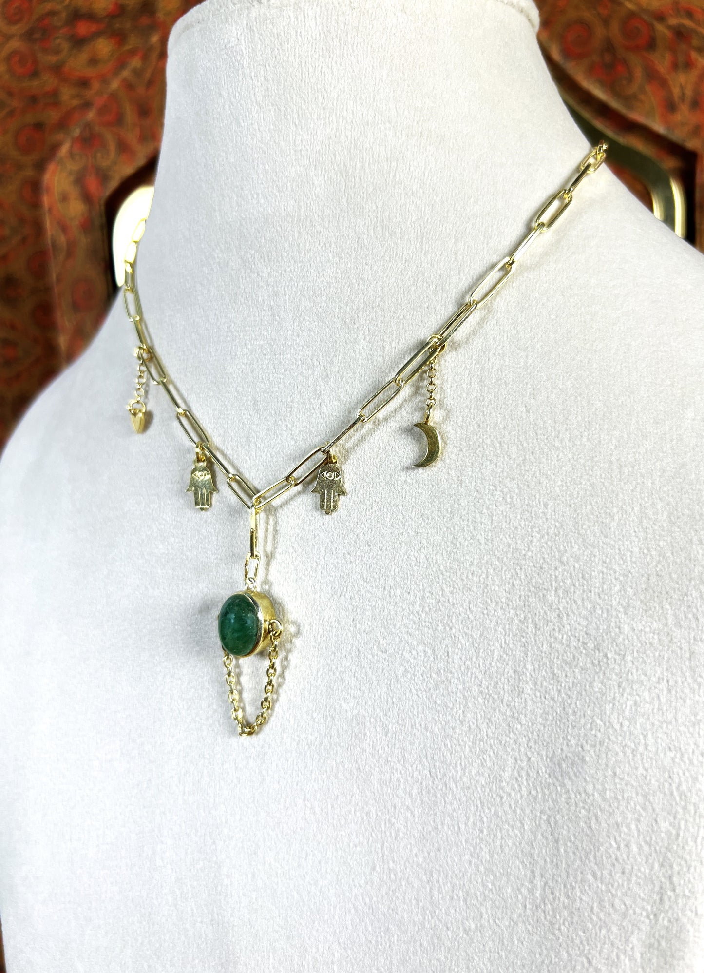 Womens Emerald Pendant Necklace on Gold Plated 925 Sterling Silver with Heart, Half Moon and Evil Eye Charms