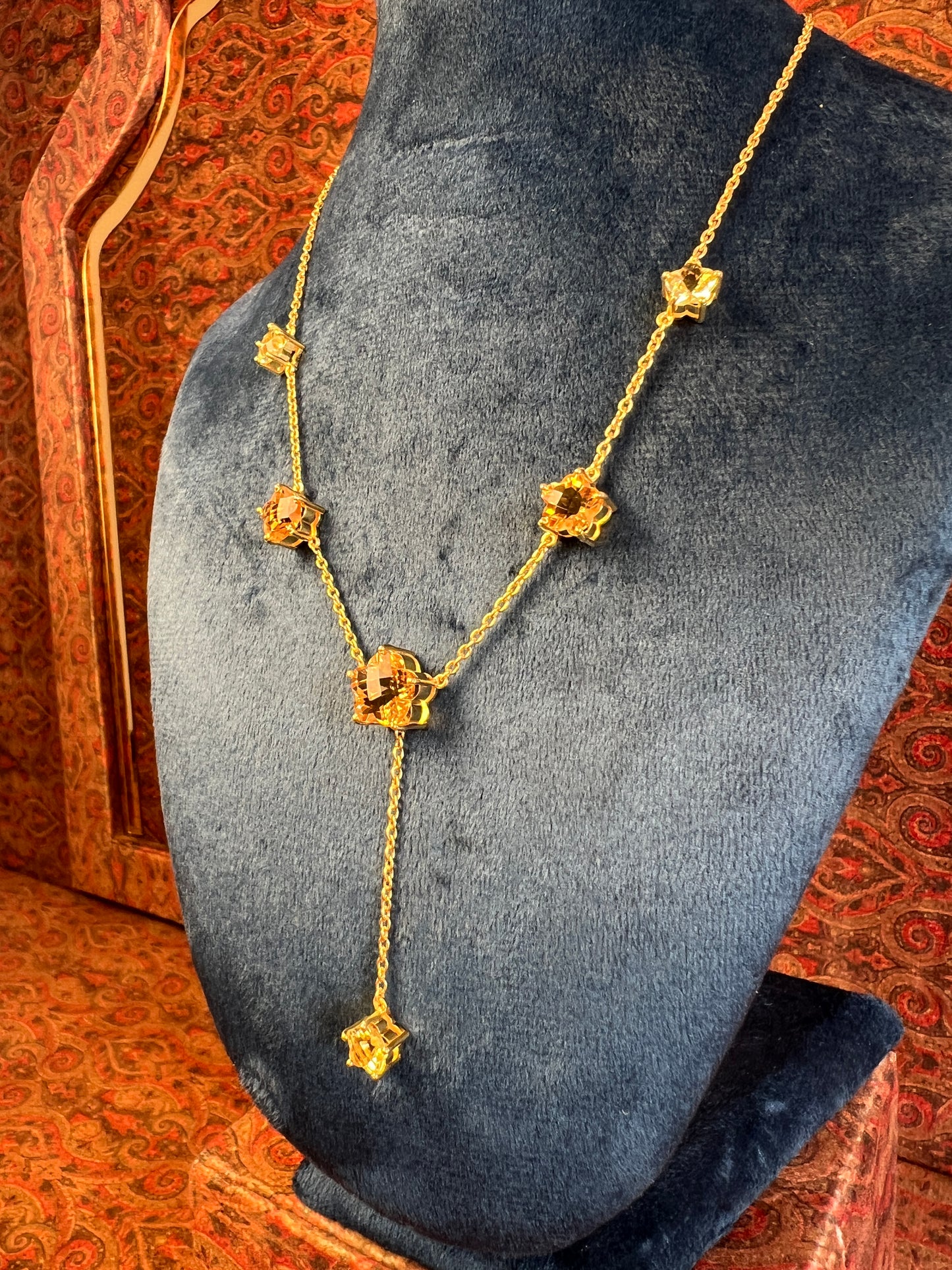 Womens Citrine Star Necklace Gold-Plated 925 Sterling Silver 6 Star Shaped Basket-Prong Settings with hanging Lemon Quartz Star