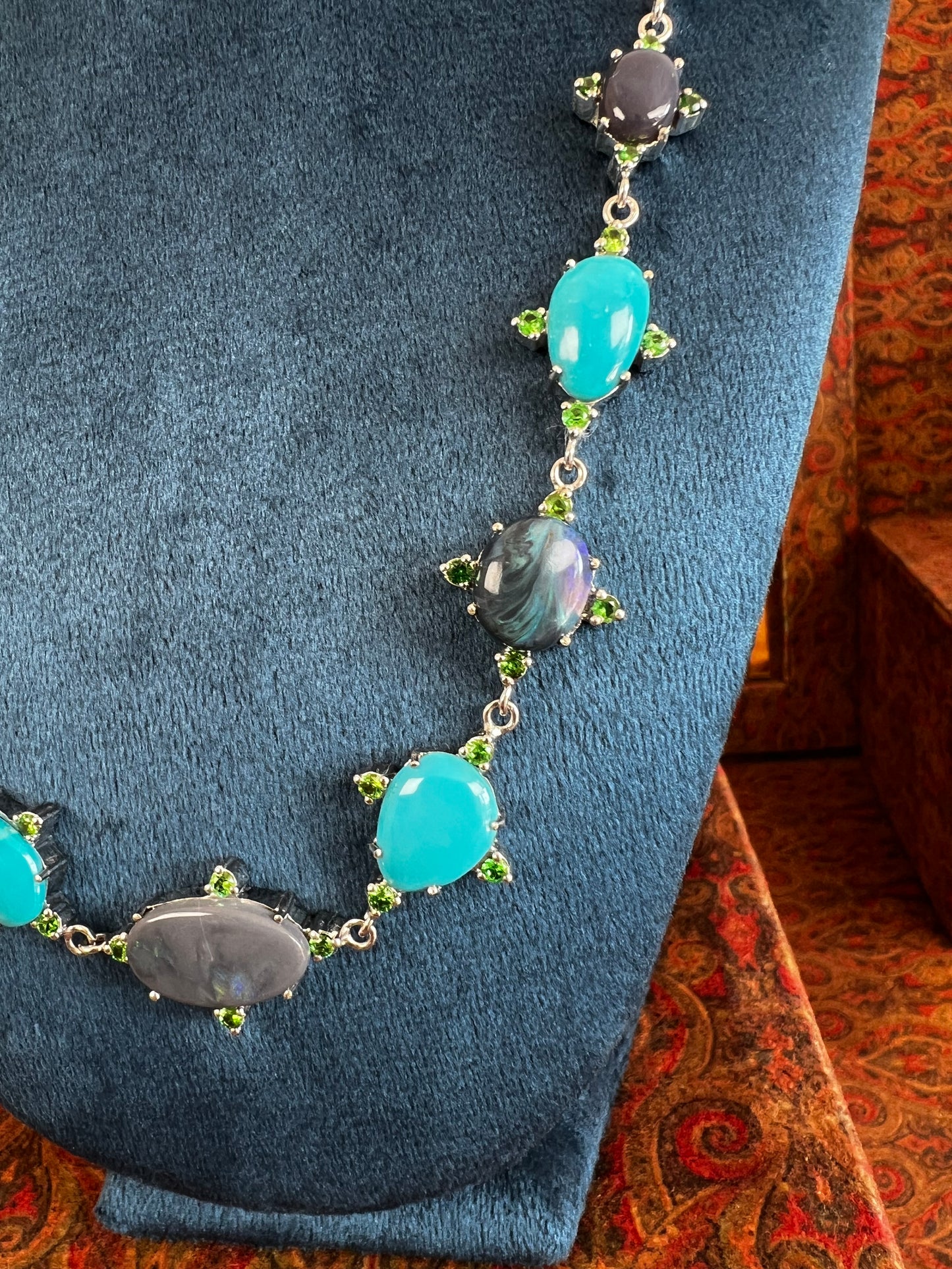 Womens Necklace with Australian Black Opals, American Sleeping Beauty Turquoise and Kenyan Green Garnets on a 925 Sterling Silver Chain