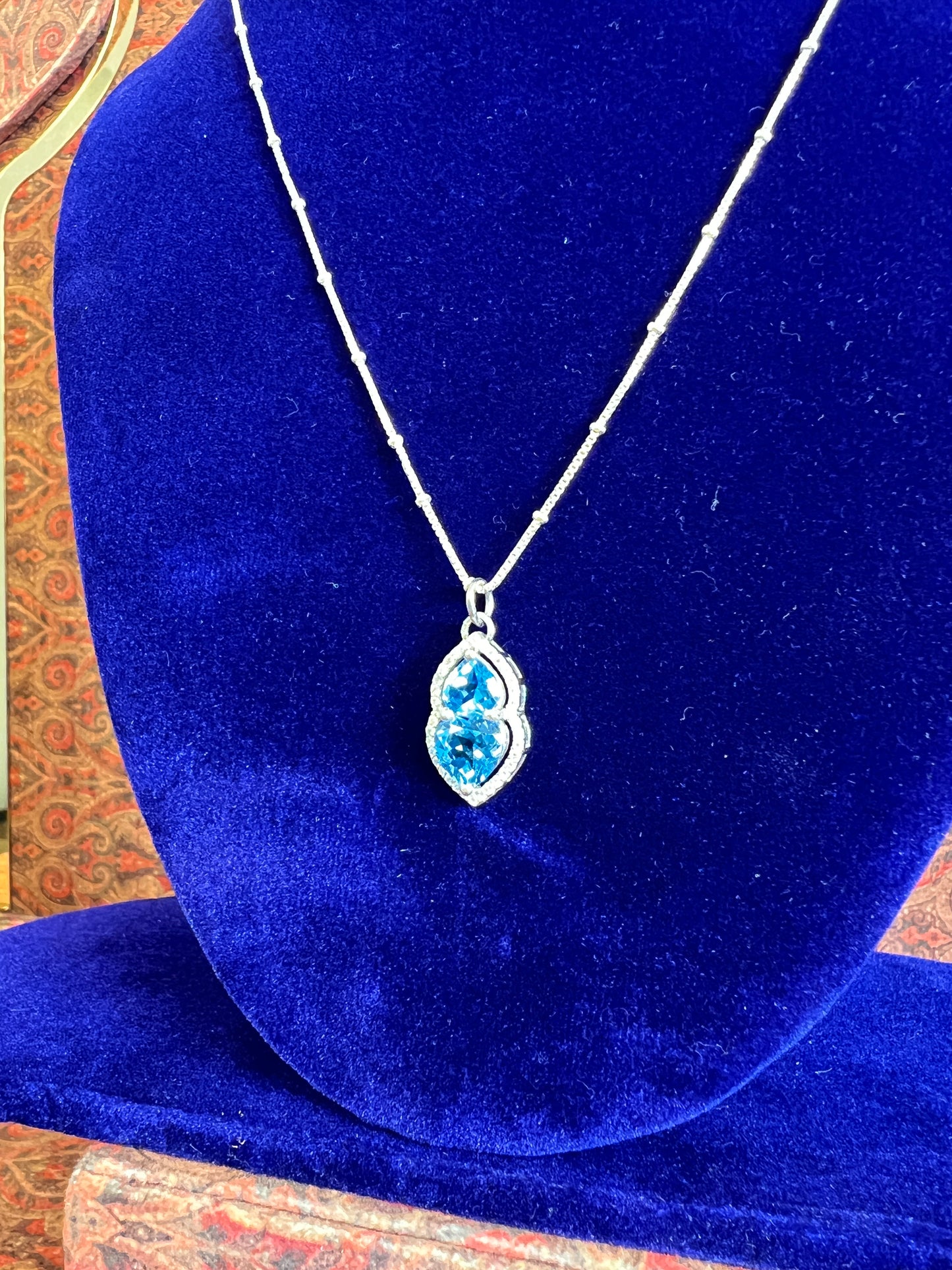 Womens Blue Topaz Heart Pendant 925 Sterling Silver Necklace on a Box Ball Silver Chain Basket Prong framed with Moissanites