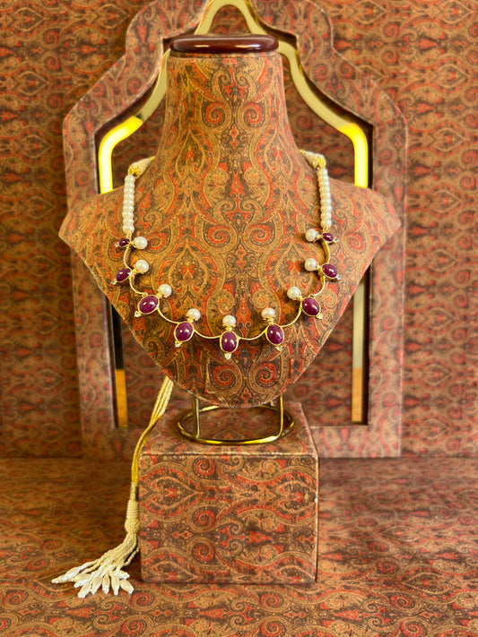 Womens Pearl and Red Ruby Necklace with White Sapphire Gemstone Accents Gold Colored Adjustable Rope with Lavish Tassel