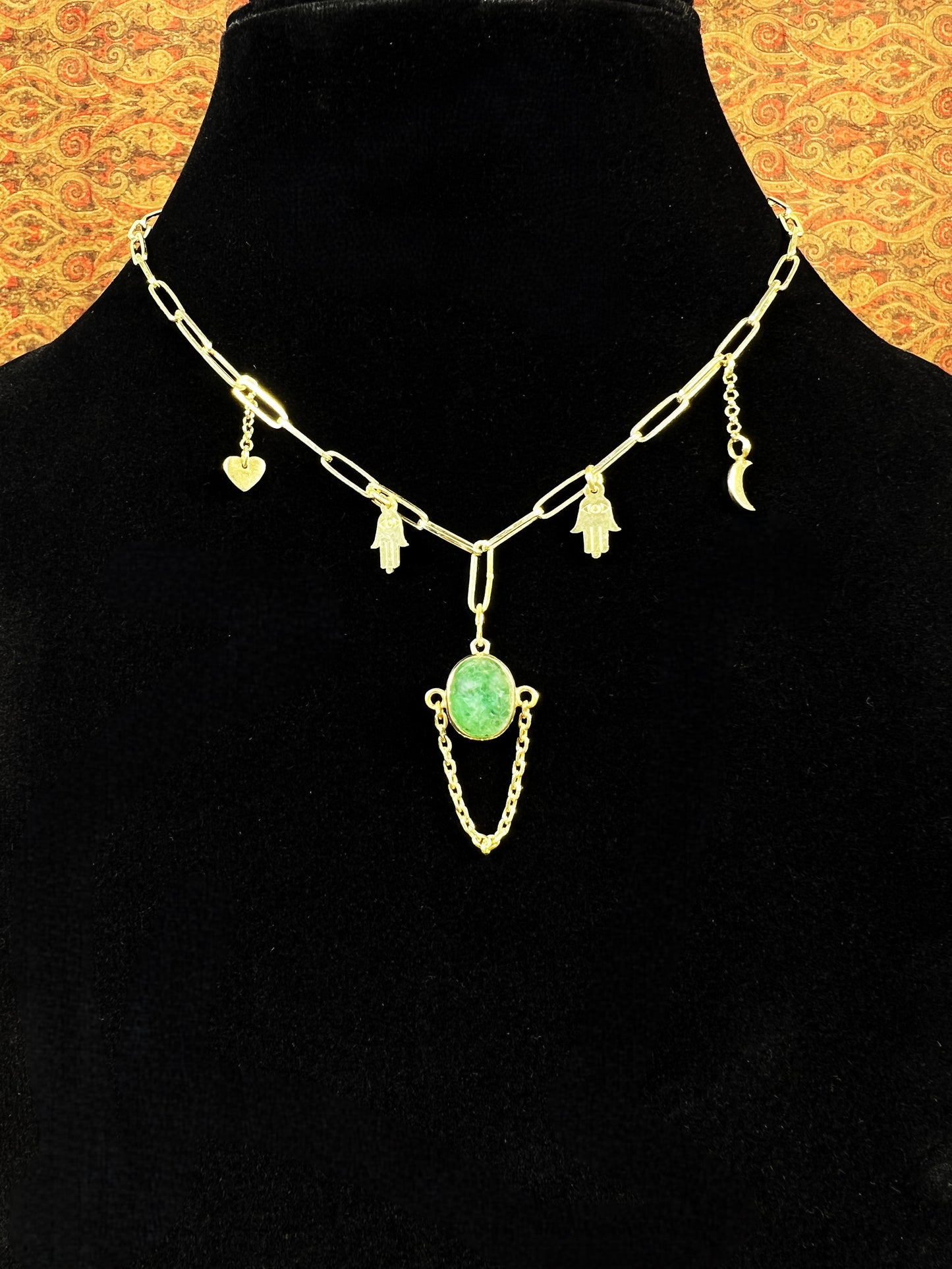 Womens Emerald Pendant Necklace on Gold Plated 925 Sterling Silver with Heart, Half Moon and Evil Eye Charms