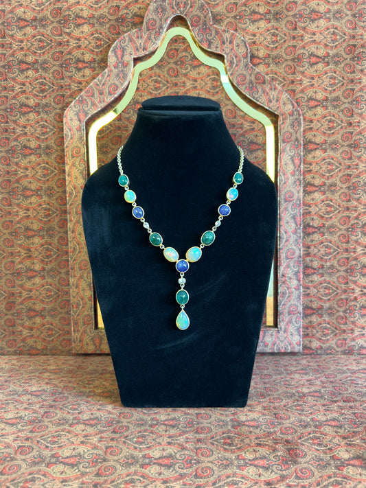 Womens Natural Opal, Emerald, Tanzanite and White Sapphire Gold Plated 925 Sterling Silver Lariat Necklace