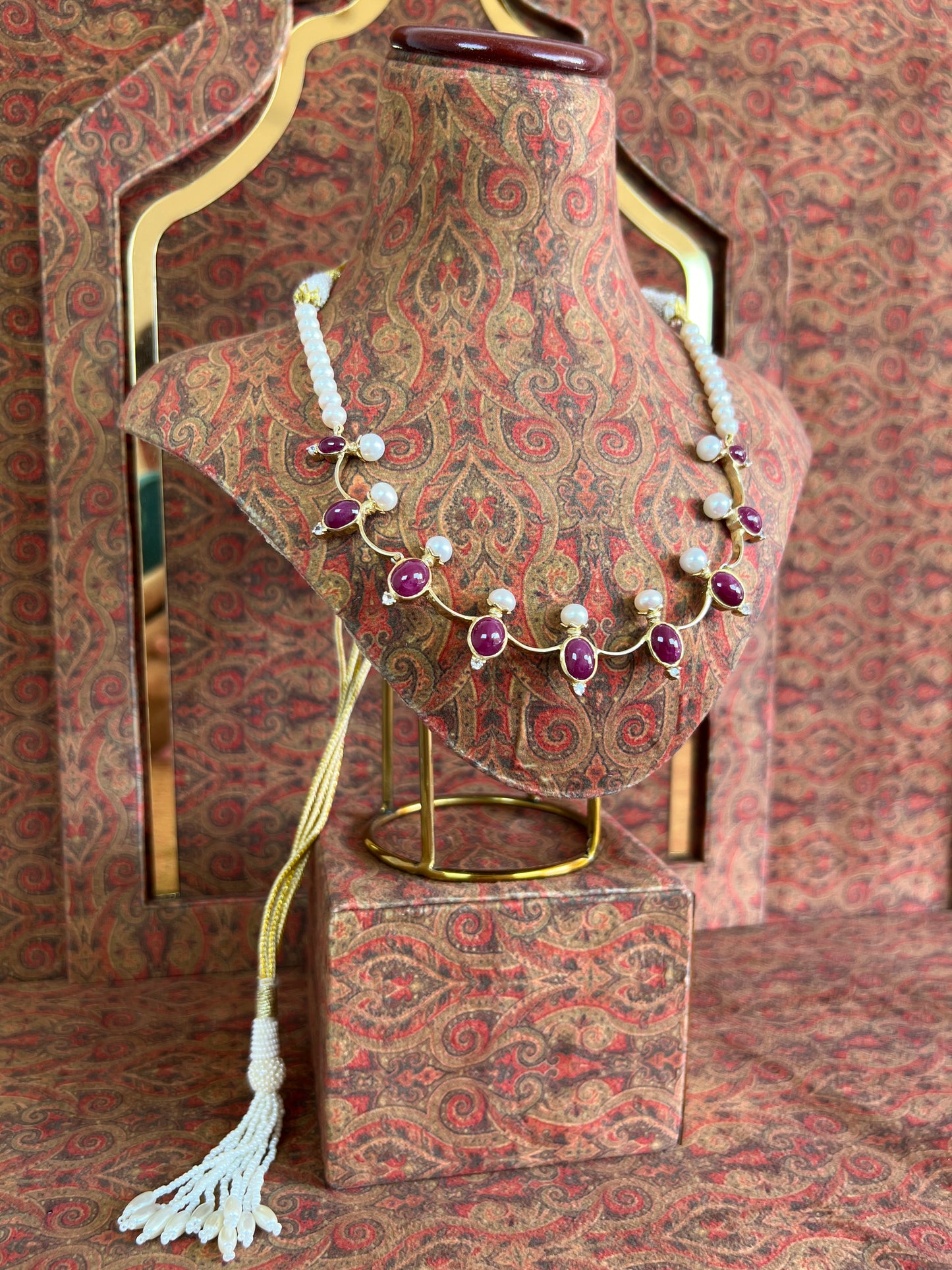 Womens Pearl and Red Ruby Necklace with White Sapphire Gemstone Accents Gold Colored Adjustable Rope with Lavish Tassel