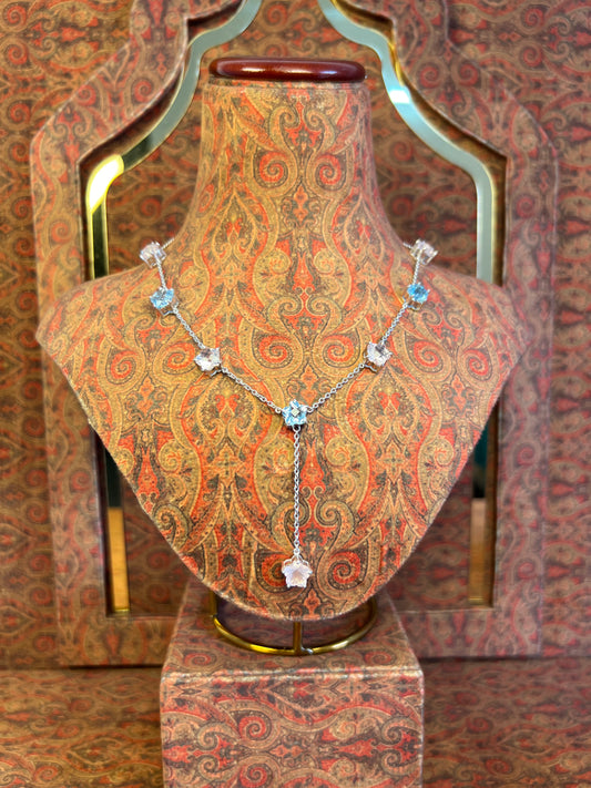 Womens Blue Topaz and Pink Rose Quartz Star Shaped Lariat Necklace on 925 Sterling Silver Cable Chain