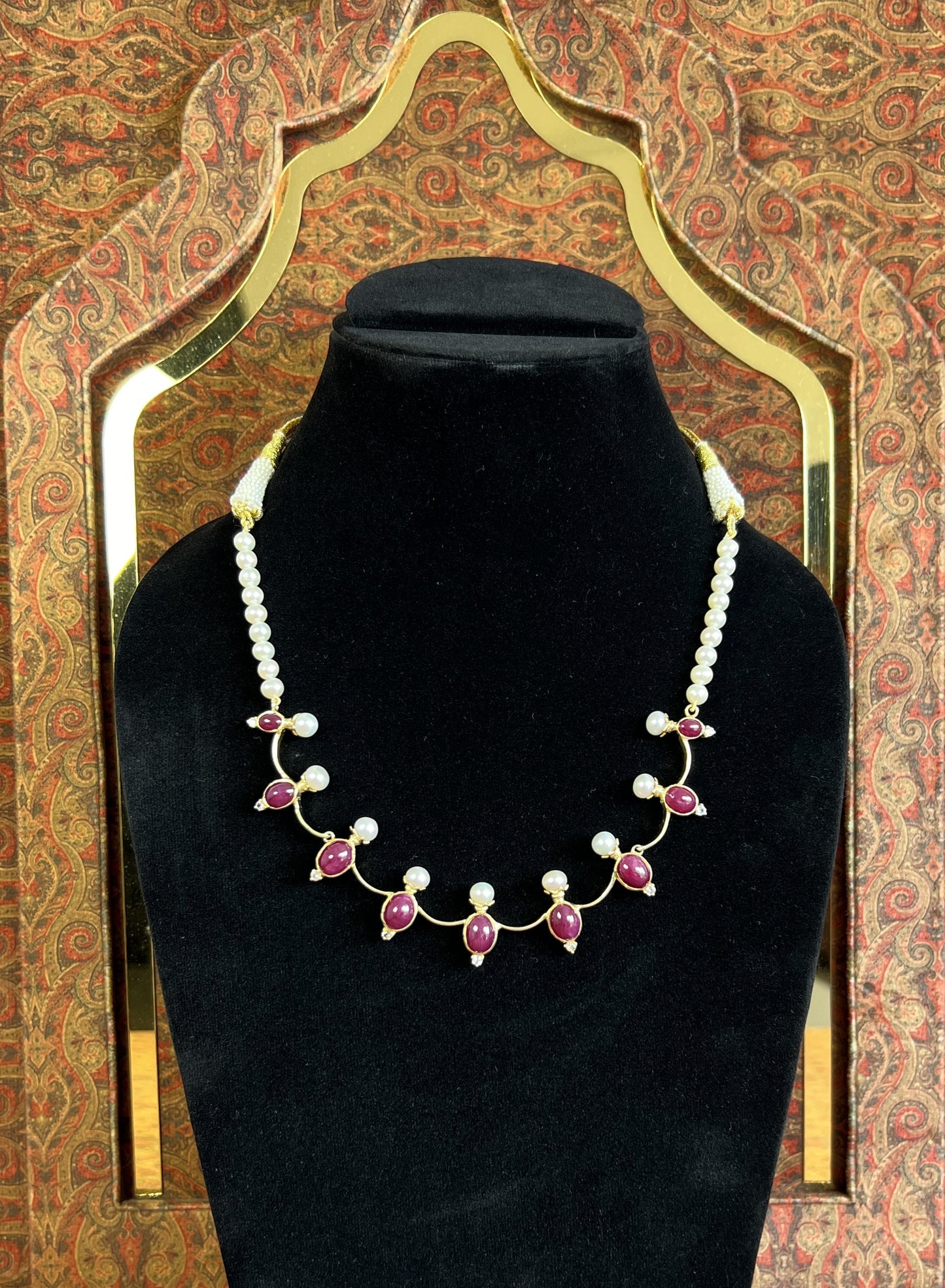 Womens Pearl and Red Ruby Necklace with White Sapphire Gemstone Accents Gold Colored Adjustable Rope with Lavish Tassel