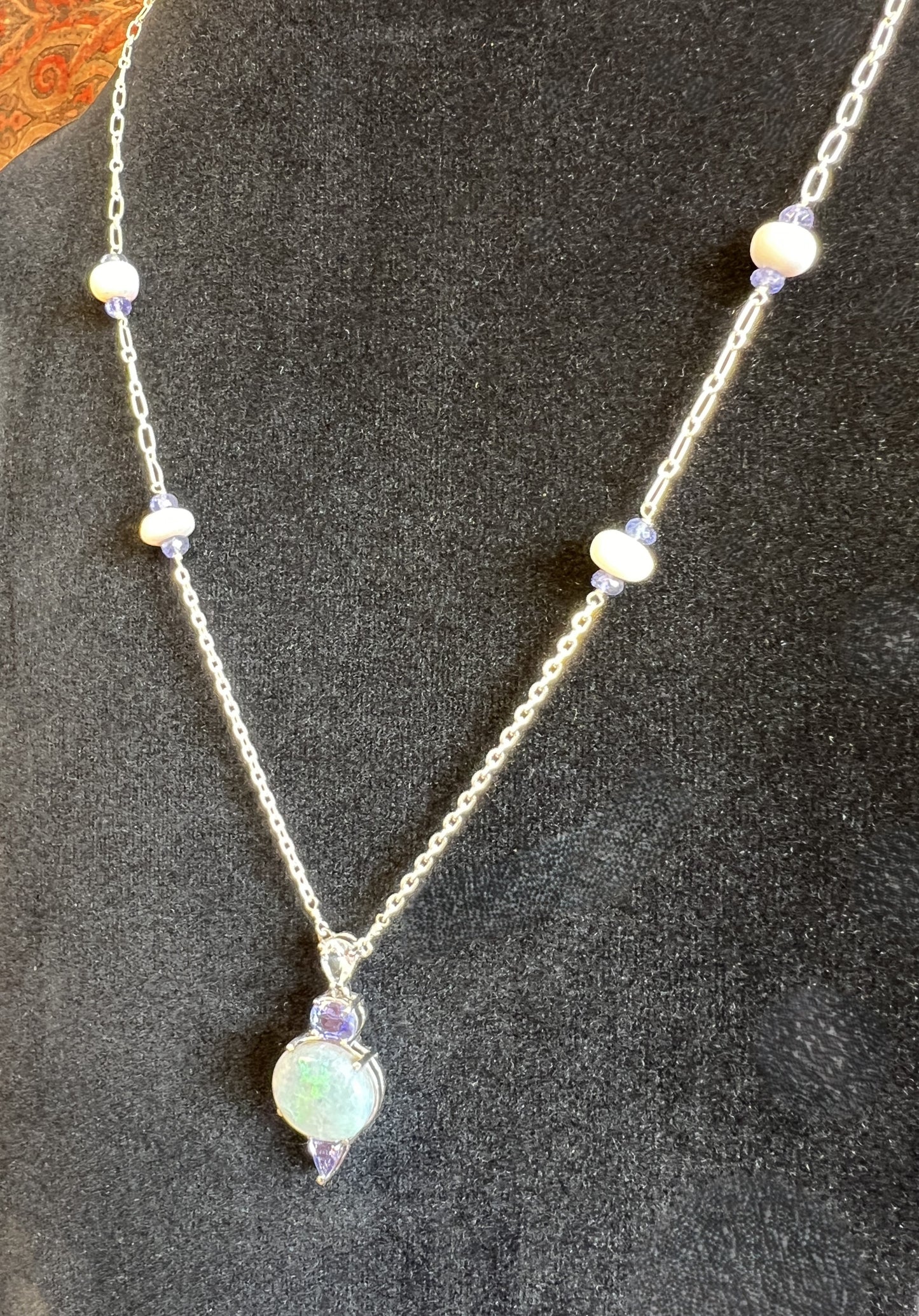 Women's Opal and White Sapphire Pendant Necklace on 925 Sterling Sliver with Purple Tanzinites
