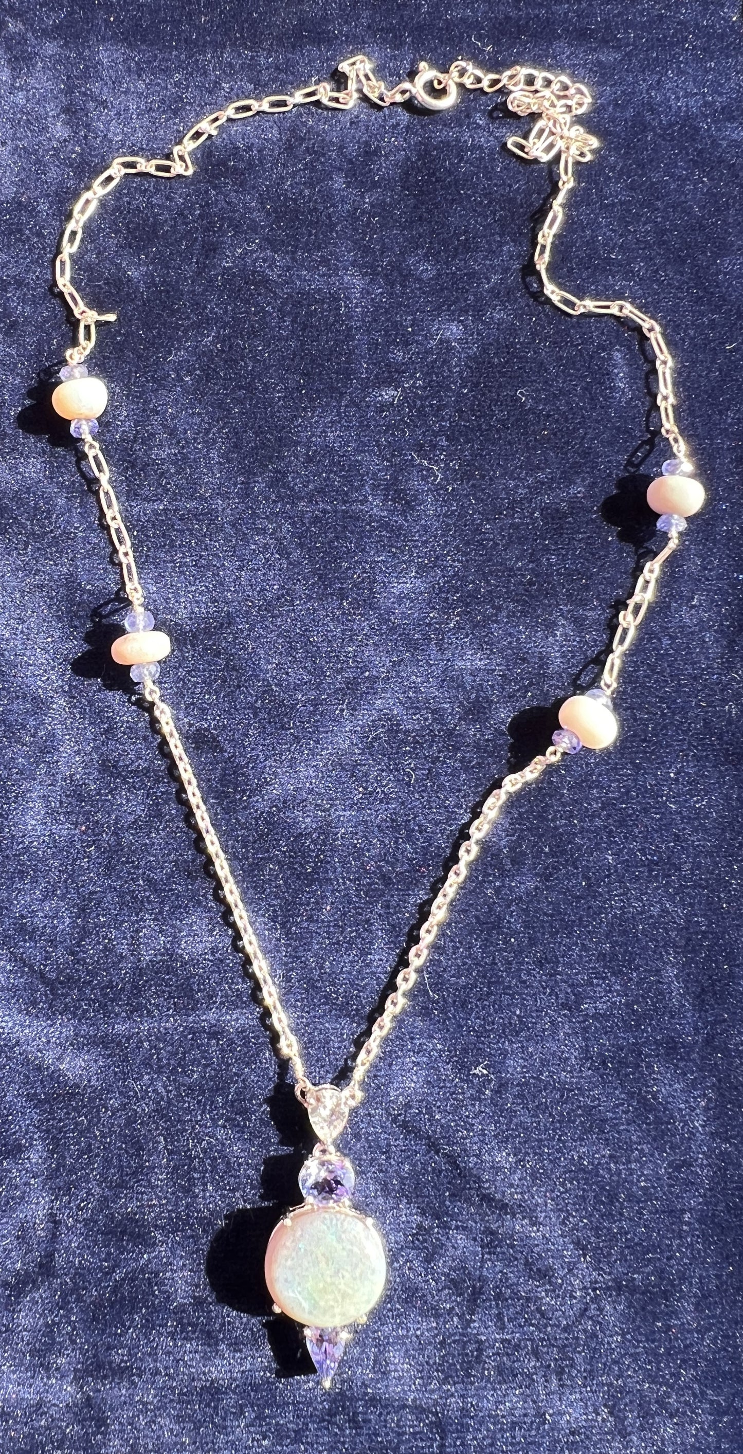 Women's Opal and White Sapphire Pendant Necklace on 925 Sterling Sliver with Purple Tanzinites