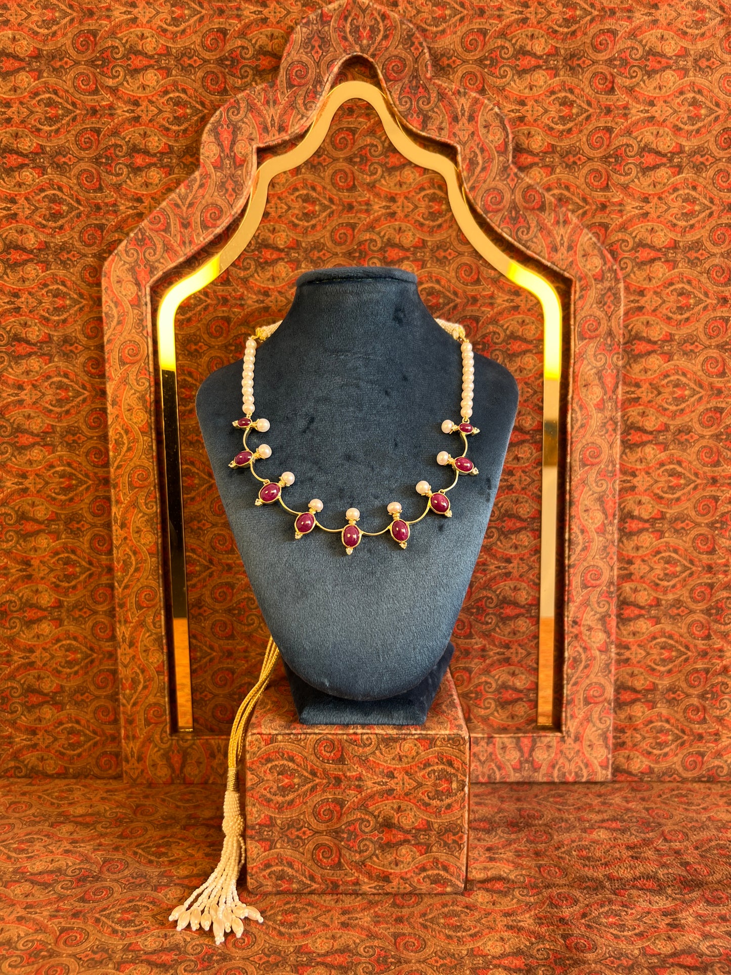 Womens Pearl and Red Ruby Necklace with White Sapphire Gemstone Accents Gold Colored Adjustable Rope with Lavish Tassel