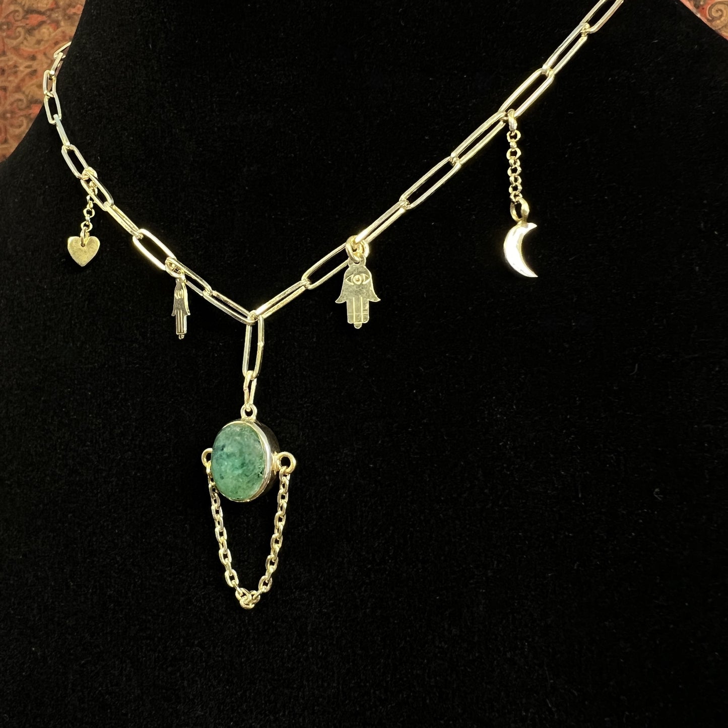 Womens Emerald Pendant Necklace on Gold Plated 925 Sterling Silver with Heart, Half Moon and Evil Eye Charms