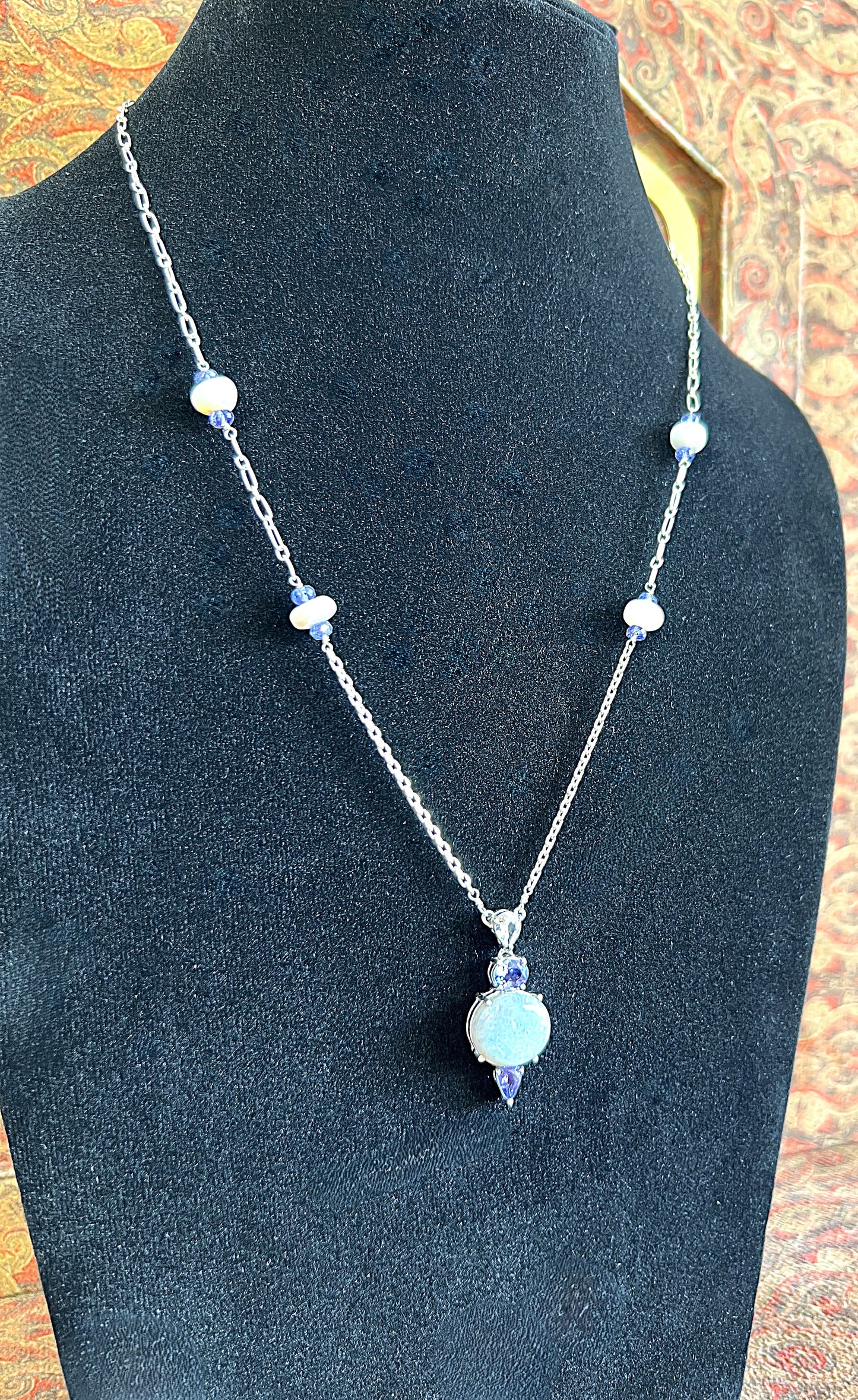 Women's Opal and White Sapphire Pendant Necklace on 925 Sterling Sliver with Purple Tanzinites