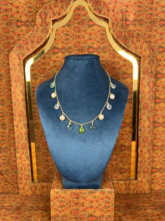 Womens Pearl Choker Necklace with Rose Quartz, Peridot and Aquamarine Dangling Semi Precious Stones on Gold Plated 925 Sterling Silver