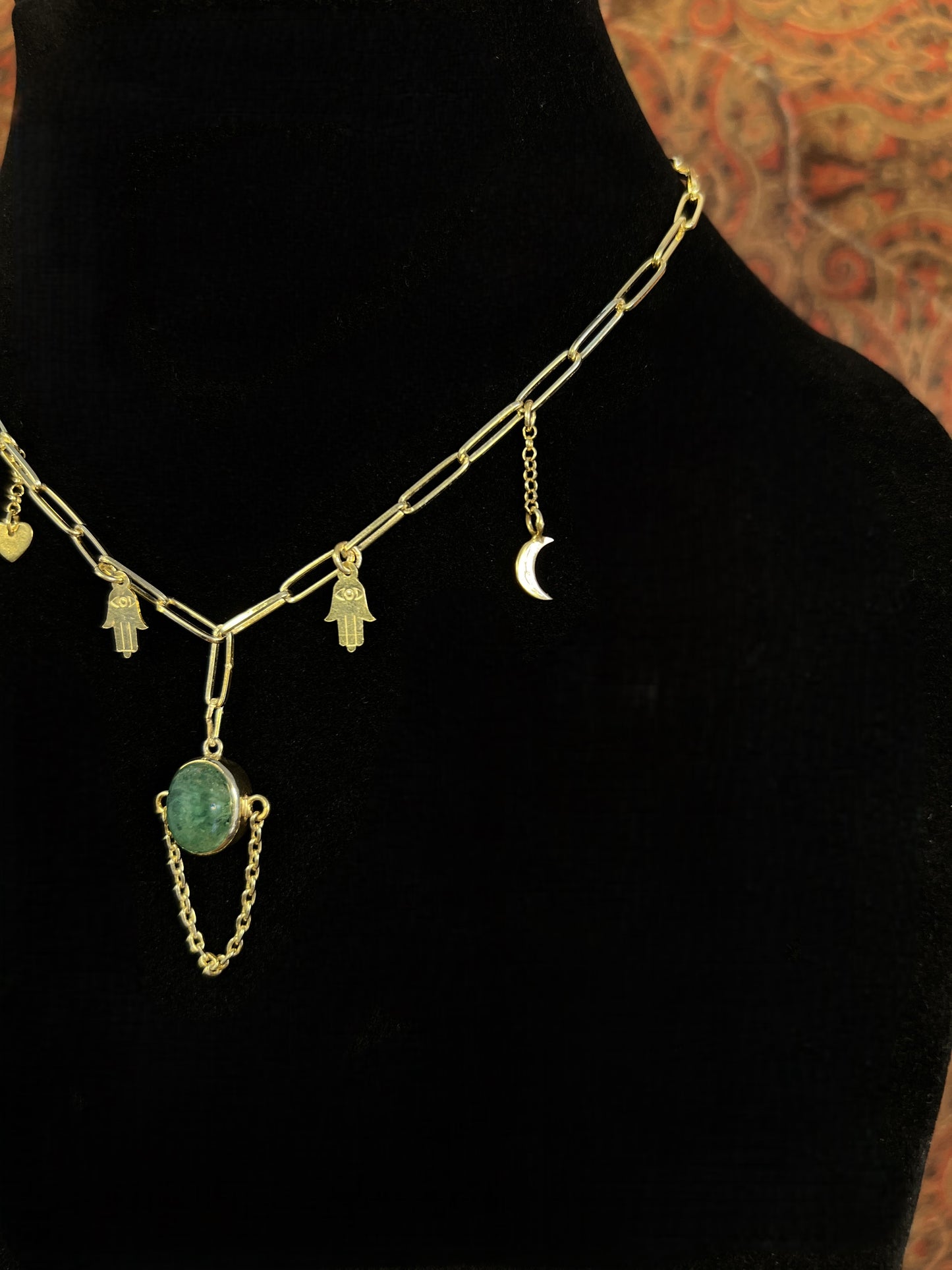 Womens Emerald Pendant Necklace on Gold Plated 925 Sterling Silver with Heart, Half Moon and Evil Eye Charms