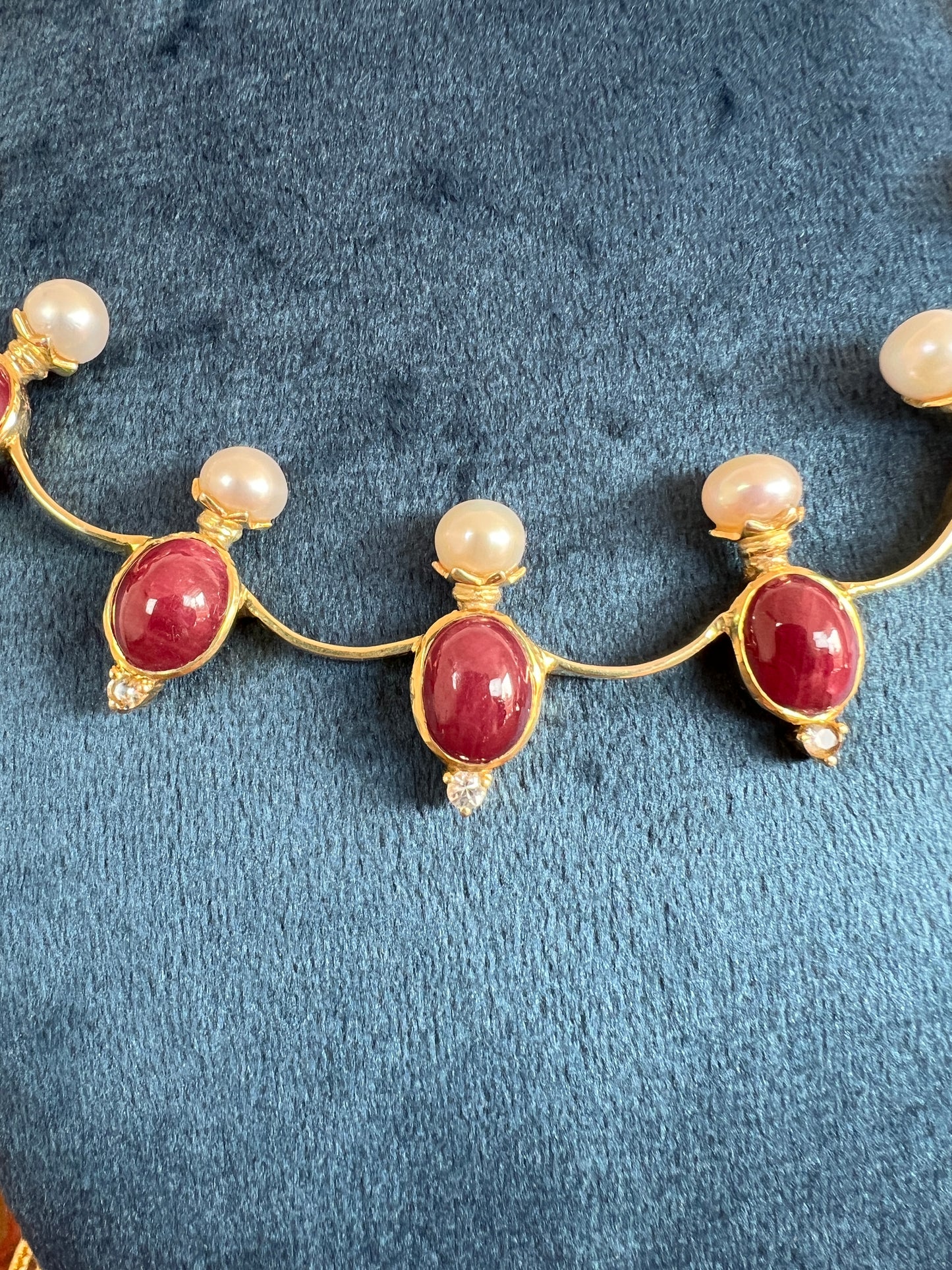 Womens Pearl and Red Ruby Necklace with White Sapphire Gemstone Accents Gold Colored Adjustable Rope with Lavish Tassel